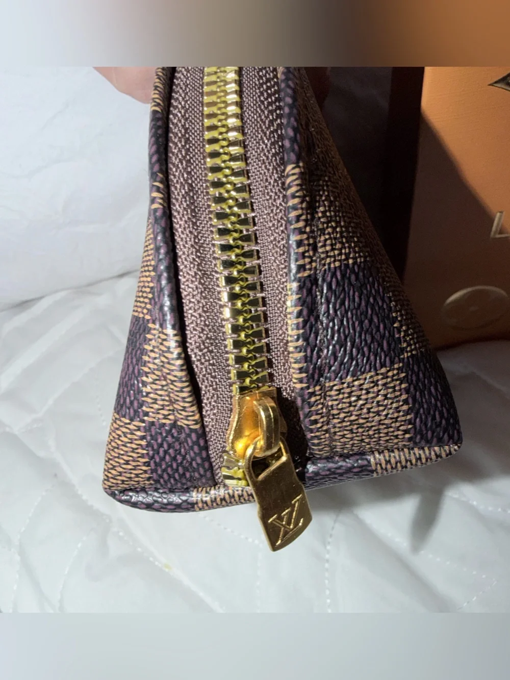 Designer-Inspired Brown Check Cosmetic Pouch with Gold Zipper
